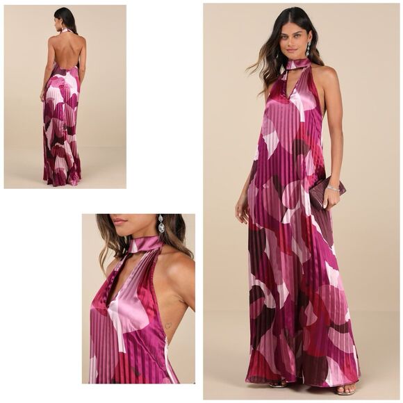 Lulus Dresses & Skirts - Lulus Prime Poise Dress Women's M Pink Maxi Multi Abstract Satin Halter NWT